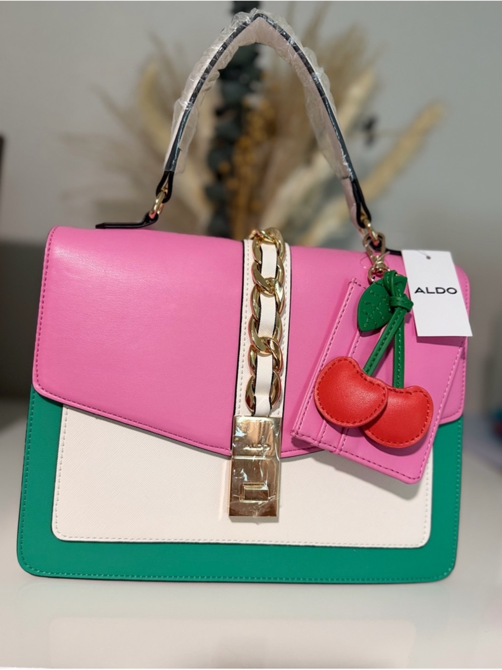 ALDO Pink, Green & Cream Cherry Accent Top-Handle Satchel